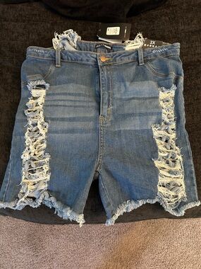Fashion Nova High Waist Distressed Denim Shorts - Blue